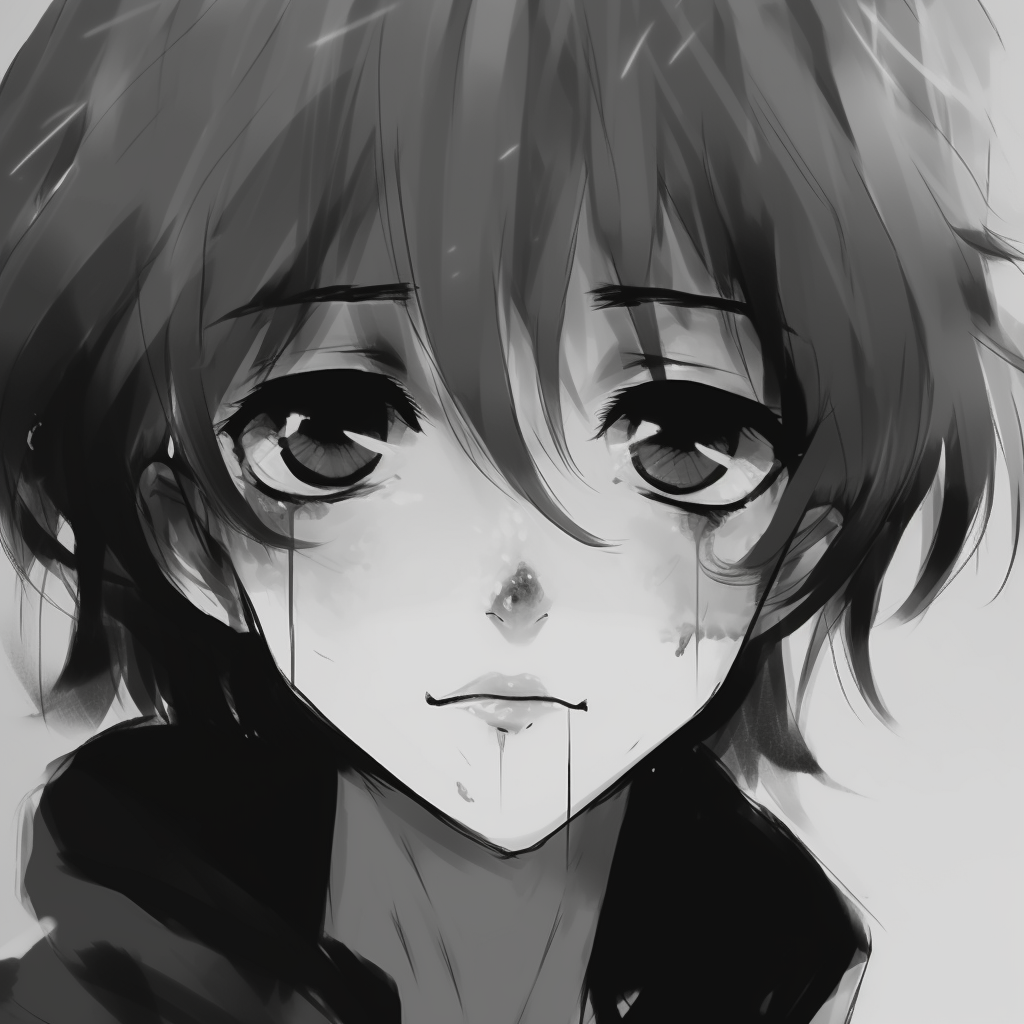 Anime boy with calm expression, black and white tones giving a nostalgic feel. black and white anime boy profile picture