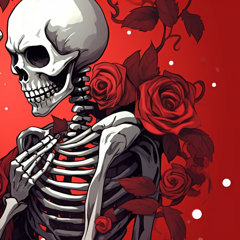 Two skeletons in a tender moment, overall dark palette punctuated with Christmas-themed colors. skeletons kissing under mistletoe - matching christmas pfp pfp for discord.