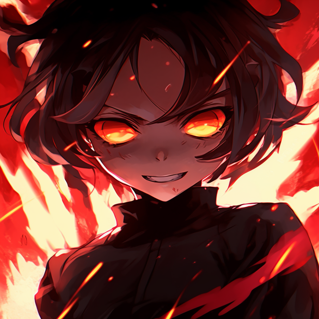 Girl from anime with an aura that mimics the fierceness of flame, featuring a warm color scheme. crazy anime pfp girl depiction pfp for discord.