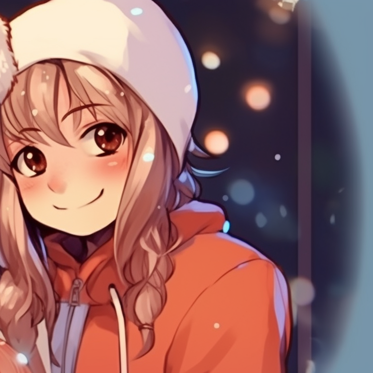 Two characters, set against a snowy forest, snowflakes decorating their hair. trending preppy christmas pfp matches pfp for discord.