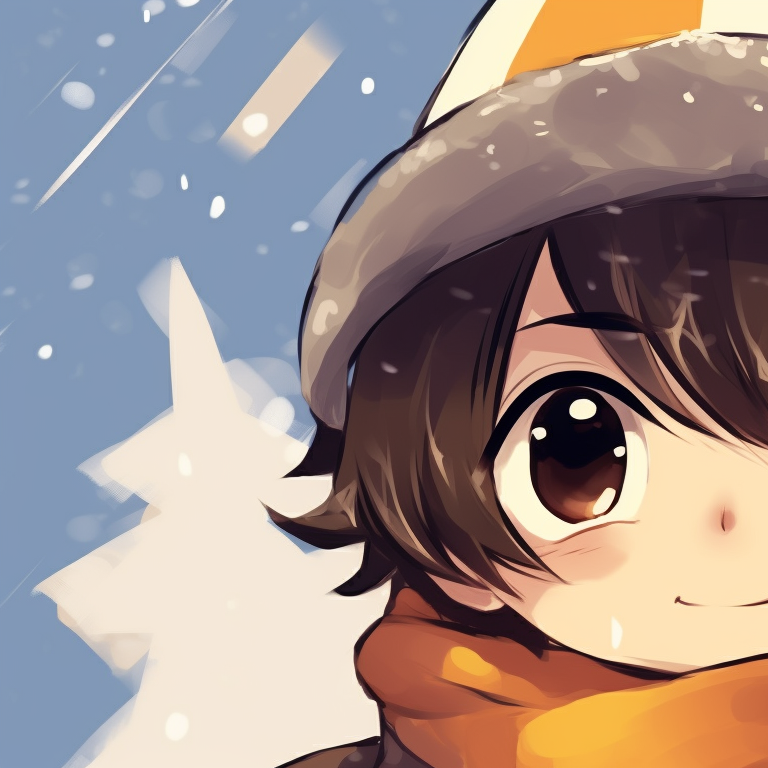 Two characters with clasped hands, encased in mittens and sharing a muffler, warmth emanating from them despite the snowy backdrop. boy matching hat kid christmas pfp pfp for discord.