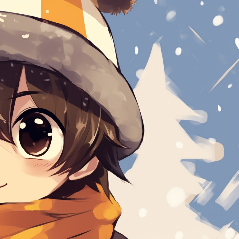 Two characters with clasped hands, encased in mittens and sharing a muffler, warmth emanating from them despite the snowy backdrop. boy matching hat kid christmas pfp pfp for discord.