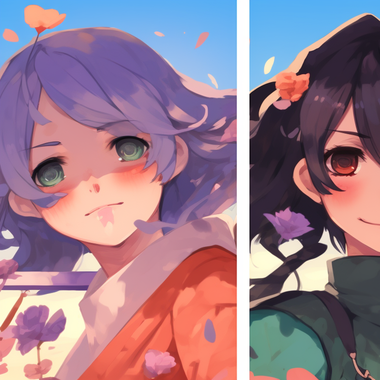 Four characters in a lush blooming garden, soft hues and happiness radiating from their expressions. creative matching pfp for 4 friends pfp for discord.