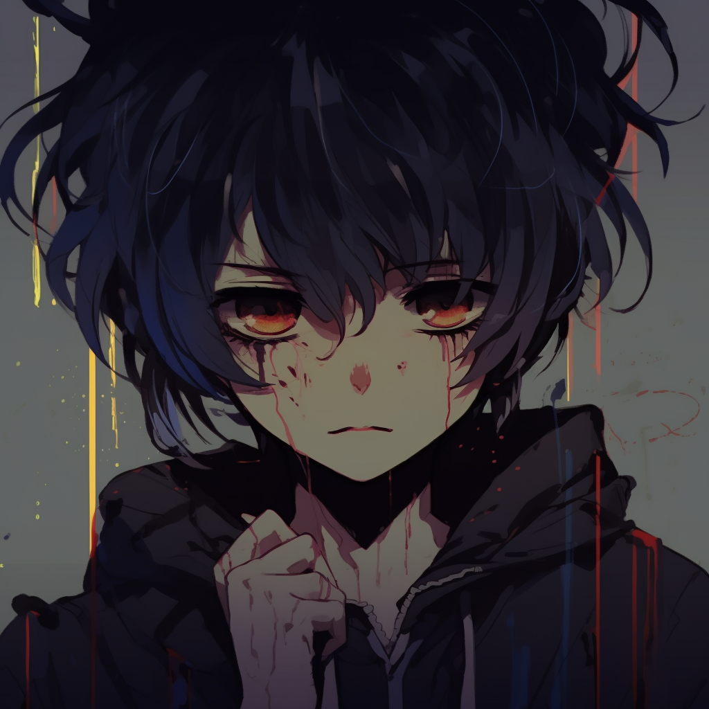 Image of an anime boy with tormented face, accompanies sharp linework and bold colors. mysterious sad anime pfpHD, free download