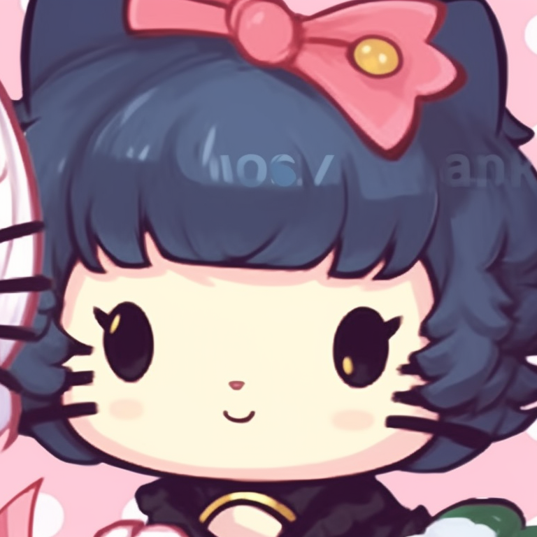 Close-up of two smiling hello kitty characters, each highlighted by soft colors and delicate details. cute hello kitty pfp matching pfp for discord.