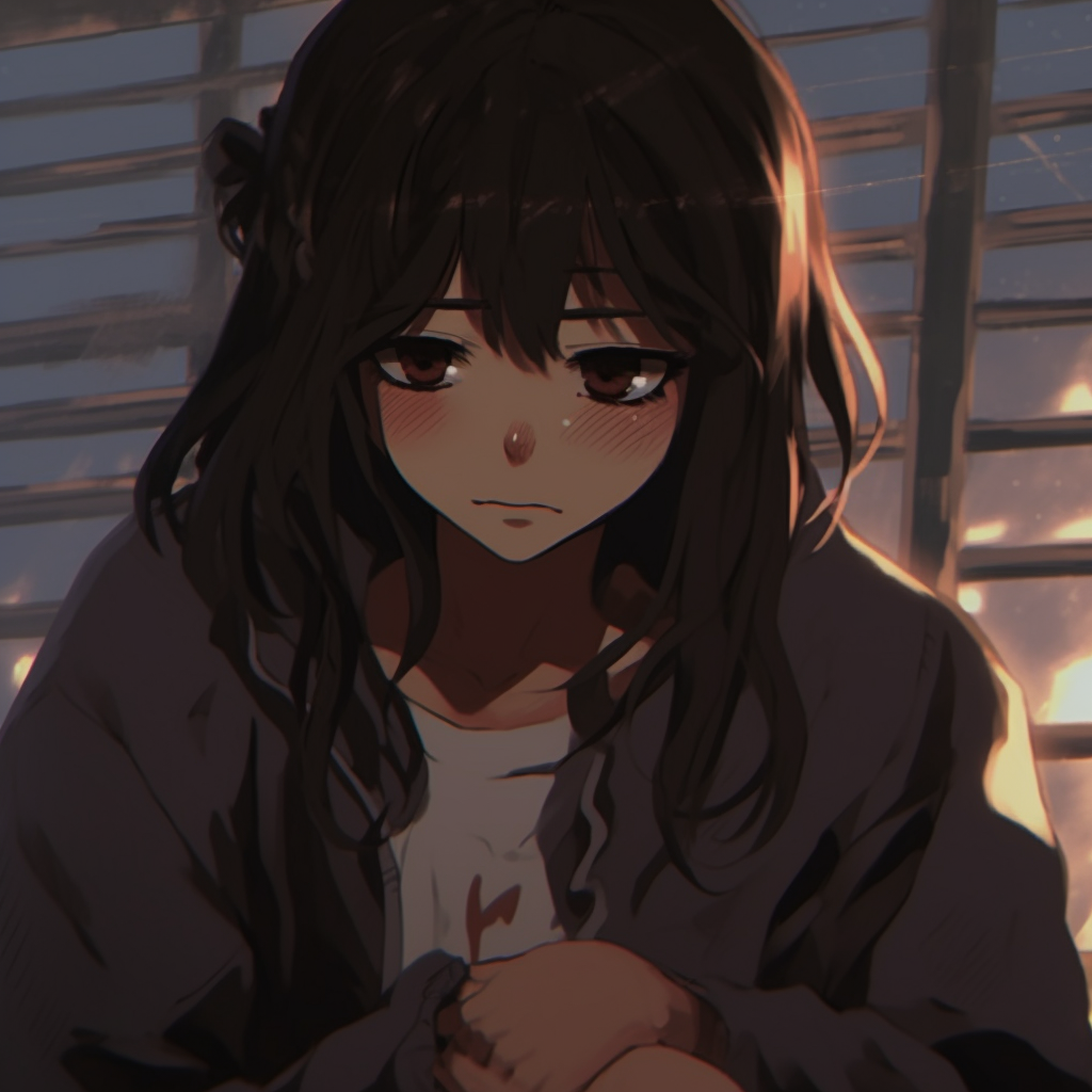 Gloomy Anime Girl portrayed in a minimalistic style, heavy use of monotonous colors and simple lines. sad pfp anime girl styles