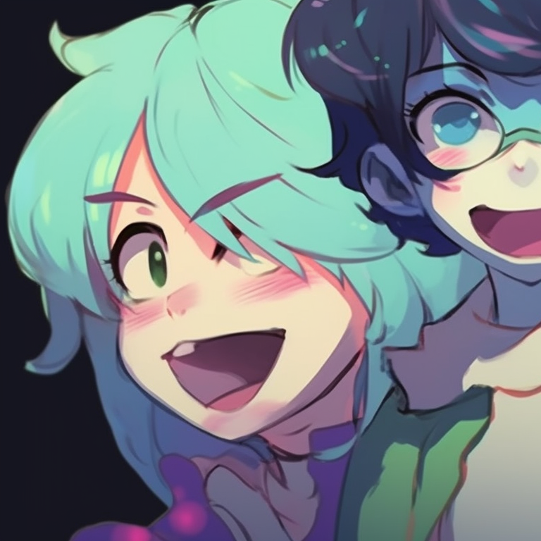 Four characters, intense colors and dynamic poses, laughing hysterically. funny matching pfp for 4 friends pfp for discord.