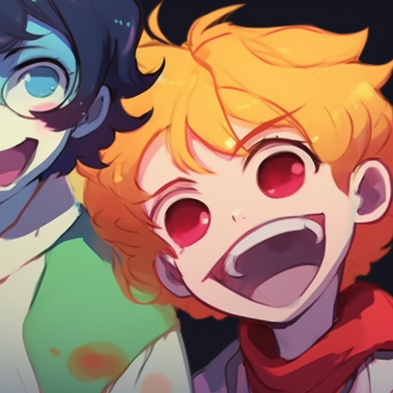 Four characters, intense colors and dynamic poses, laughing hysterically. funny matching pfp for 4 friends pfp for discord.