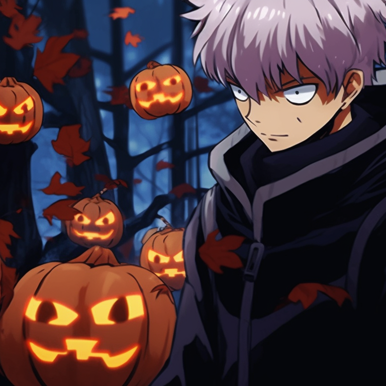 Two characters amid Halloween decorations, detailed artwork and desaturated colors. jujutsu kaisen halloween pfp themes pfp for discord.