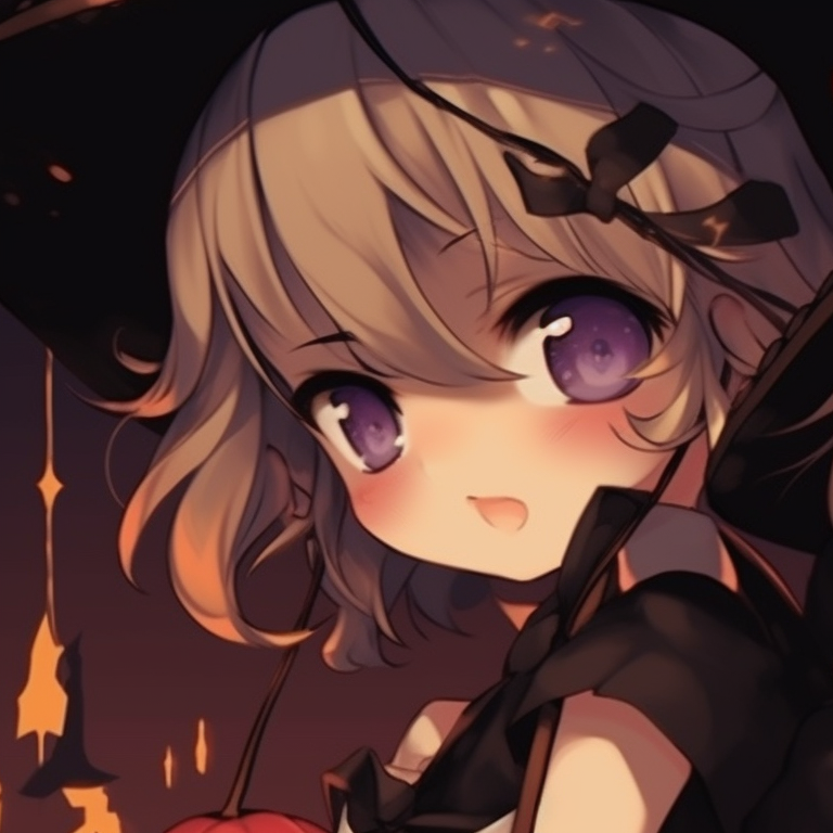 Two characters wearing pumpkin-themed outfits, a shared glance in a warm colored, rustic environment. cute girl anime halloween matching pfp pfp for discord.