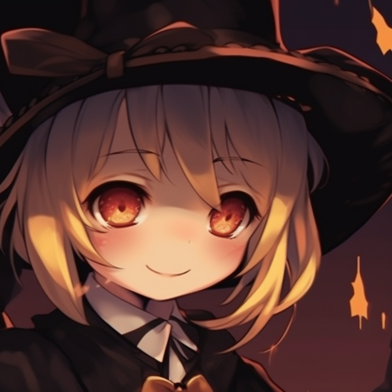 Two characters wearing pumpkin-themed outfits, a shared glance in a warm colored, rustic environment. cute girl anime halloween matching pfp pfp for discord.