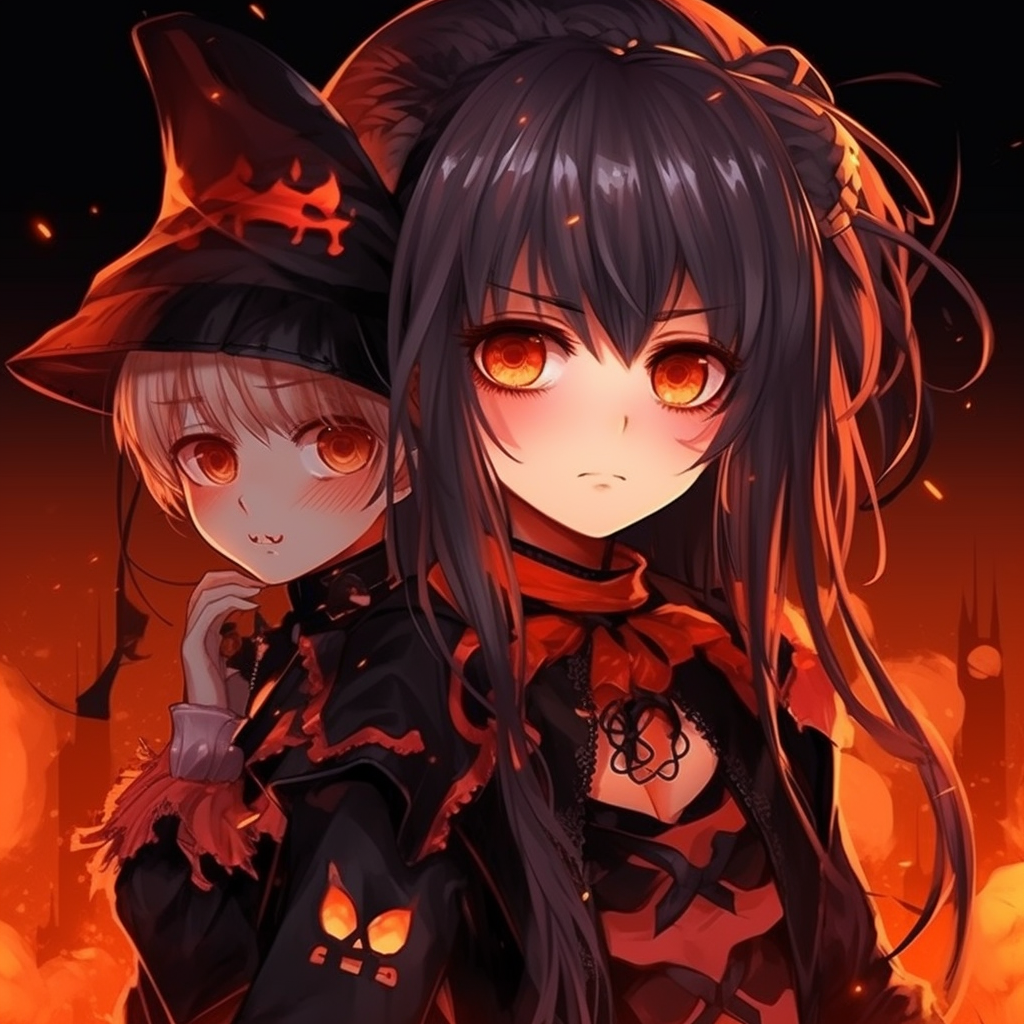 Focused on two anime characters with Halloween inspired outfits, hints of gothic anime style. halloween anime pfp pairing