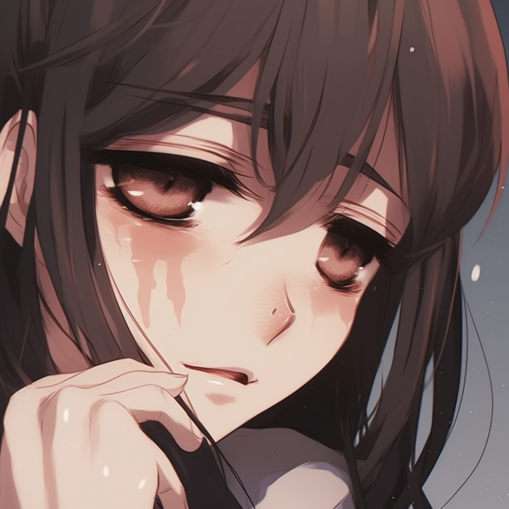 A character trying to hold back tears, focus on watery eyes, done in pastel tones. variety of sad anime pfp pfp for discord.