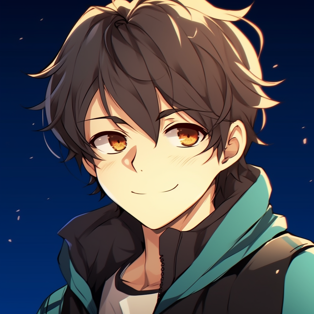 Anime boy profile with an infectious grin, soft shading and upbeat hues. cute anime guys pfp pfp for discord.
