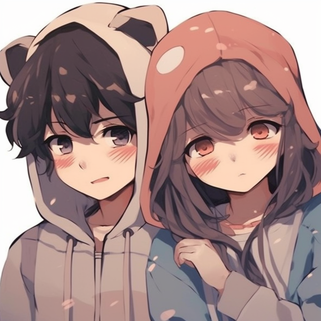 Matching PFPs representing a boy and girl character in tandem, characterized by warm hues and detailed character design. best boy and girl matching anime pfp