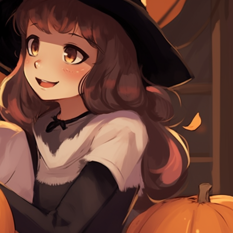 Two characters dressed with candy corn accents, contrasting colors and joyful faces. cute halloween matching pfp for besties pfp for discord.