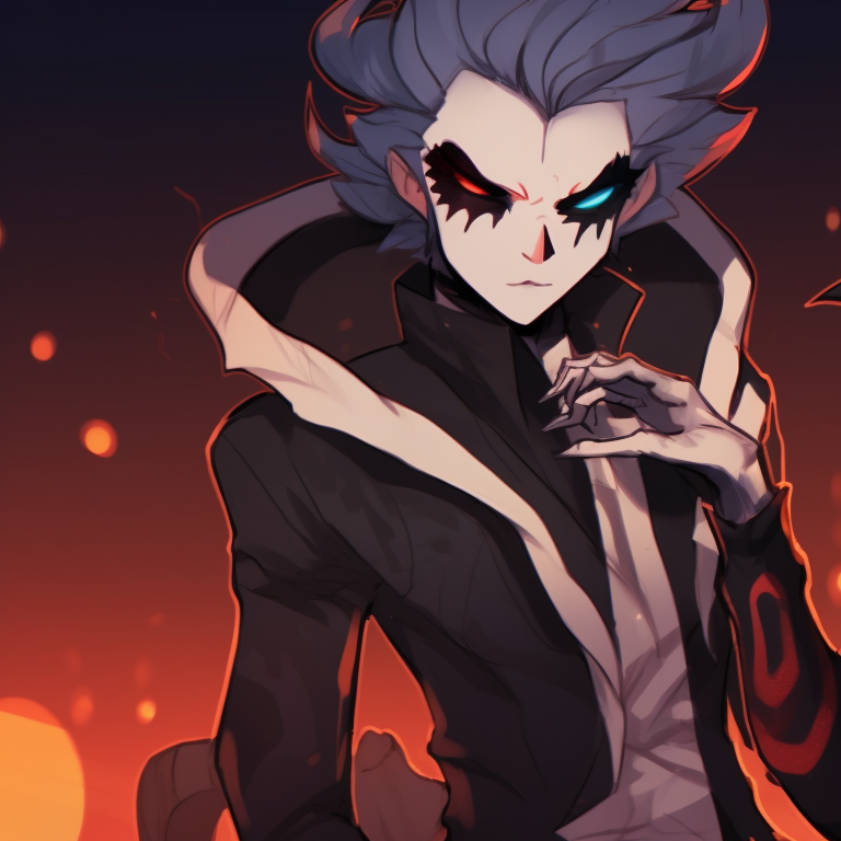 Blitzo and Stolas in a haunting embrace, their expressions captured against a moody, sepia-toned backdrop. blitzo x stolas halloween pfps pfp for discord.