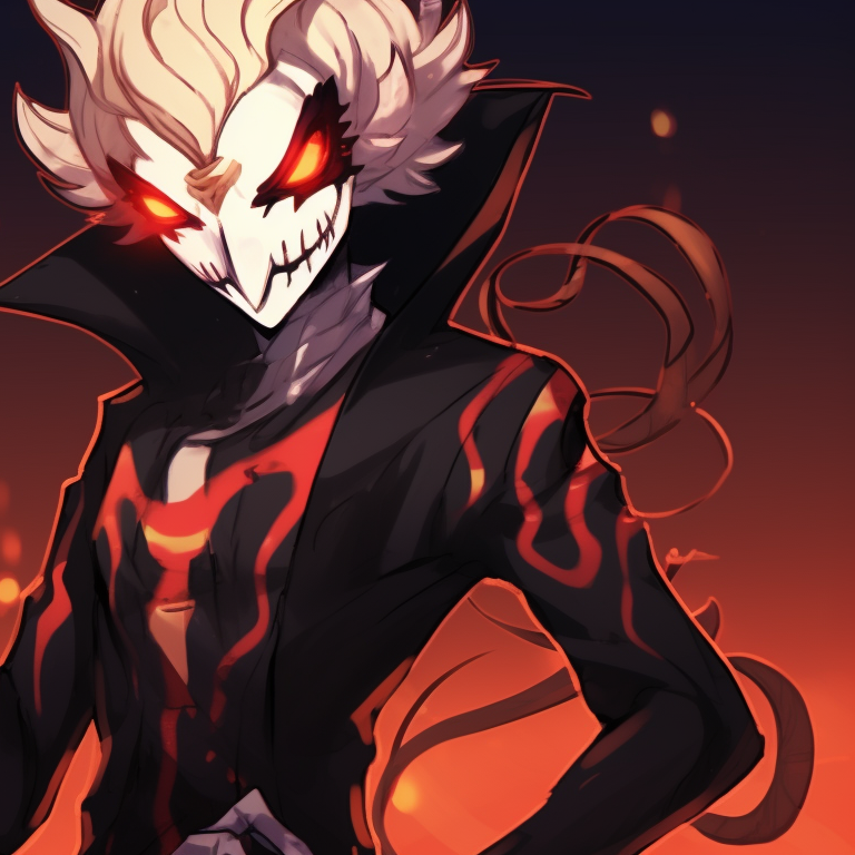 Blitzo and Stolas in a haunting embrace, their expressions captured against a moody, sepia-toned backdrop. blitzo x stolas halloween pfps pfp for discord.