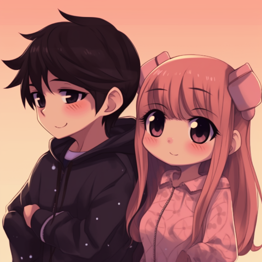 Anime couple holding hands, filled with warm colors and smooth line art. cool and cute matching pfp anime