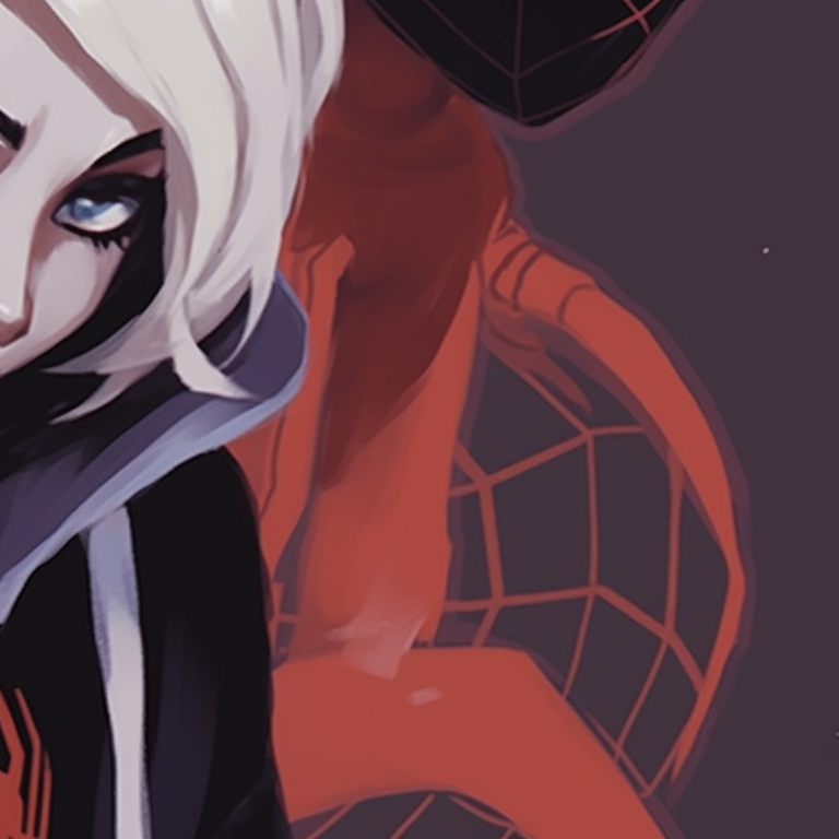 Close-up of Gwen and Miles, sharp style and attention to the details of the costumes. spider man gwen and miles halloween matching pfp pfp for discord.