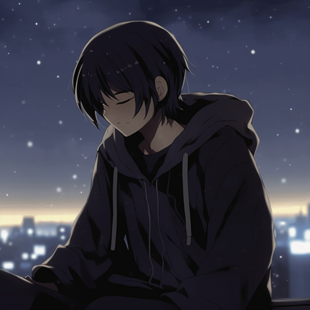 A sad male anime character against a dark night sky, starlight highlighting his despair, with a focus on dark colours and silhouettes. sad anime pfp male