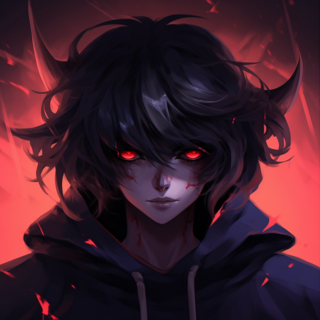 Profile of a demonic boy shrouded in shadows, piercing red eyes and dark color palette. boys' demonic anime pfp pfp for discord.