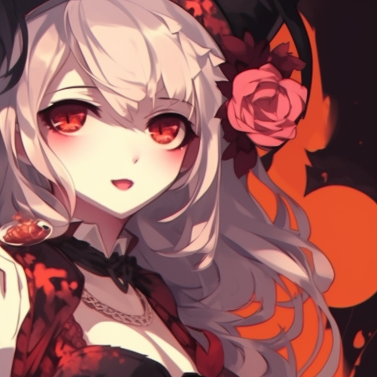 Male and female characters engaged in a stare, ominous and dark shading. details of anime couple halloween scene backdrop pfp for discord.