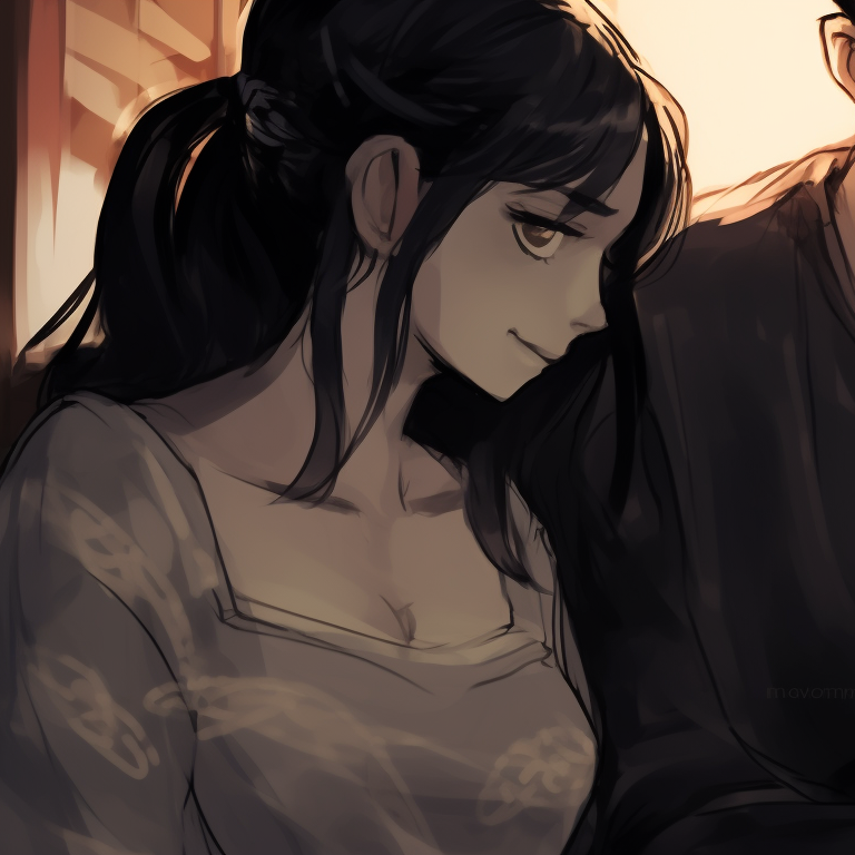 The characters in contemplative poses, defined by minimalistic art style and muted colors. lady k and the sick man matching pfp books pfp for discord.