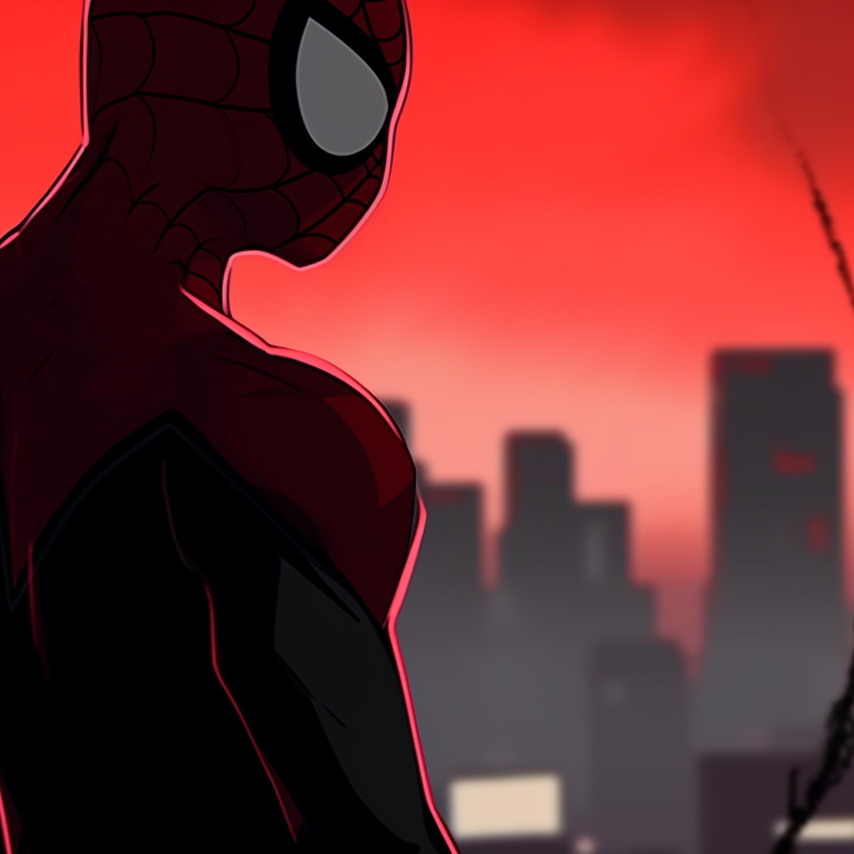 Two Spider-Man characters, one classic and one modern, silhouetted against a stylized city skyline. creative ideas for spider man matching pfp pfp for discord.