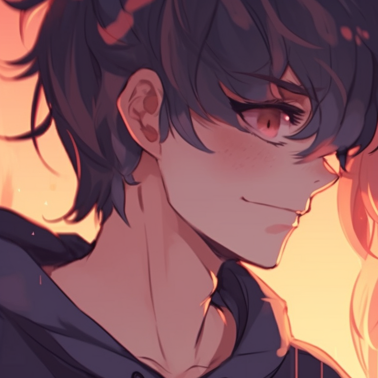 Flowery background, two characters in an embrace, detailed clothing and soft pastel art. unique matching anime pfp for couples pfp for discord.