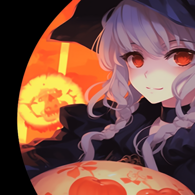 Profiles of two characters with Halloween-themed accessories, high contrast in shadows. halloween pfp with genshin elements pfp for discord.