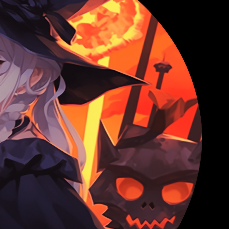 Profiles of two characters with Halloween-themed accessories, high contrast in shadows. halloween pfp with genshin elements pfp for discord.