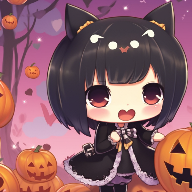 Characters holding carved pumpkins, With Halloween-themed attire, hues of orange and black. kuromi matching pfp halloween theme outfits pfp for discord.