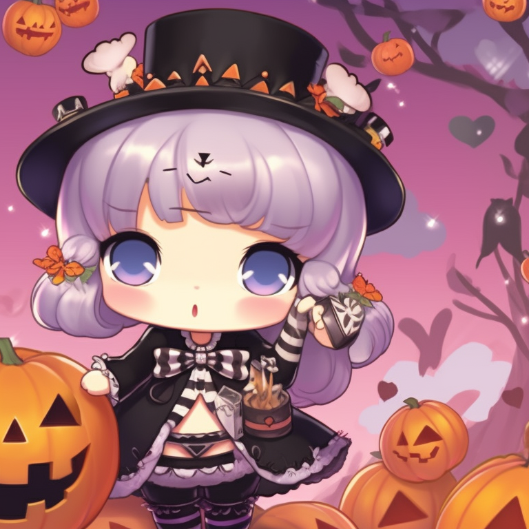 Characters holding carved pumpkins, With Halloween-themed attire, hues of orange and black. kuromi matching pfp halloween theme outfits pfp for discord.