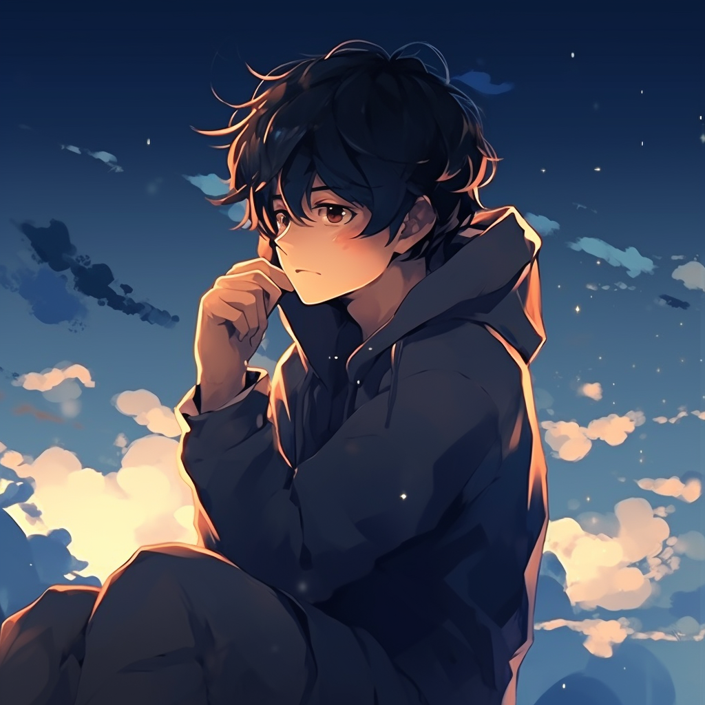 A quiet stargazing scene, a blend of subtle hues and soft lines. chill anime pfp for boys