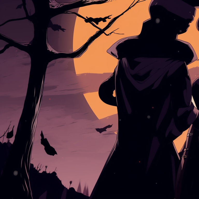 Silhouetted characters against a full moon, ominous trees in the background. dark matching pfp halloween theme designs pfp for discord.