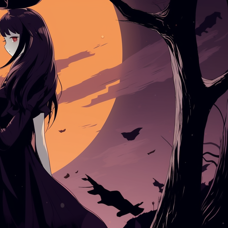 Silhouetted characters against a full moon, ominous trees in the background. dark matching pfp halloween theme designs pfp for discord.
