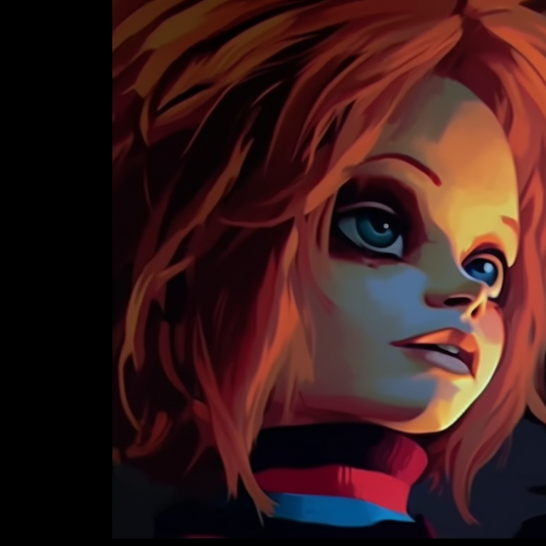 The horrific faces of Chucky and Tiffany, vivid colors enhancing the menacing expressions. halloween matching pfp: chucky and tiffany theme pfp for discord.