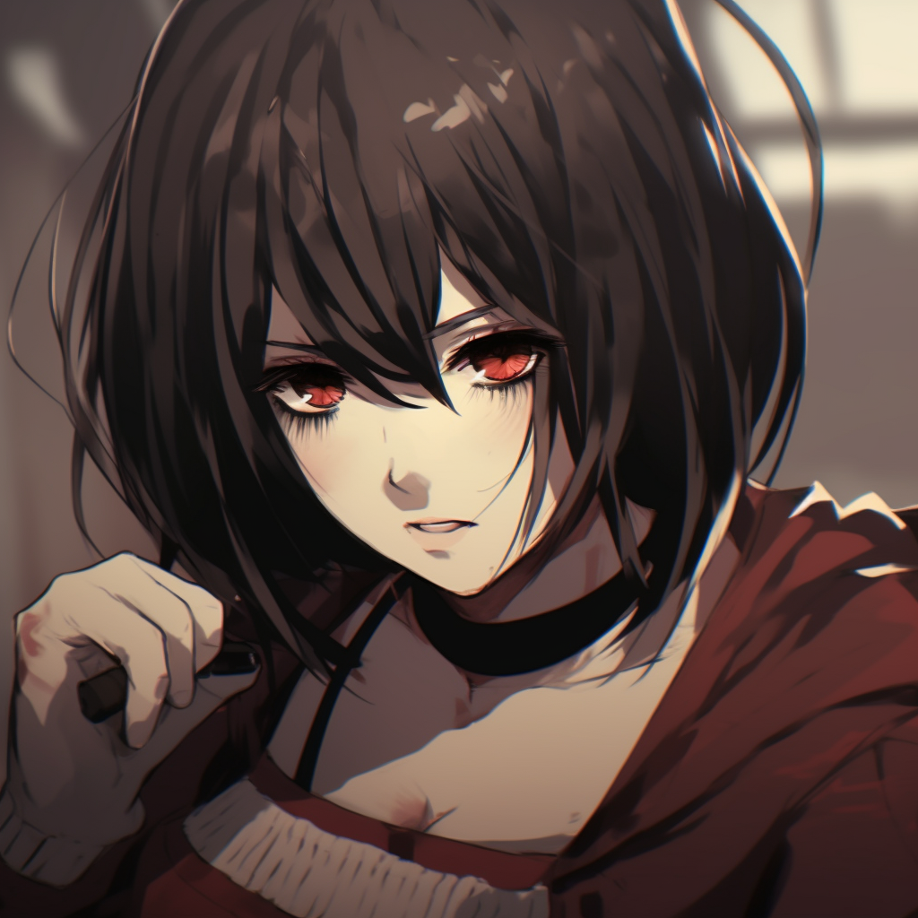 Close-up of Mikasa's face highlighting her piercing gaze, with a close focus on her detailed eyes and fine facial lines. popular good anime pfp