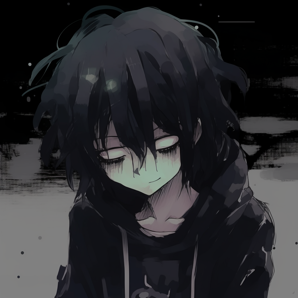 Lonesome emo anime figure set against a bare landscape, emphasized by muted colors and minimalist detail. emo pfp anime aesthetic