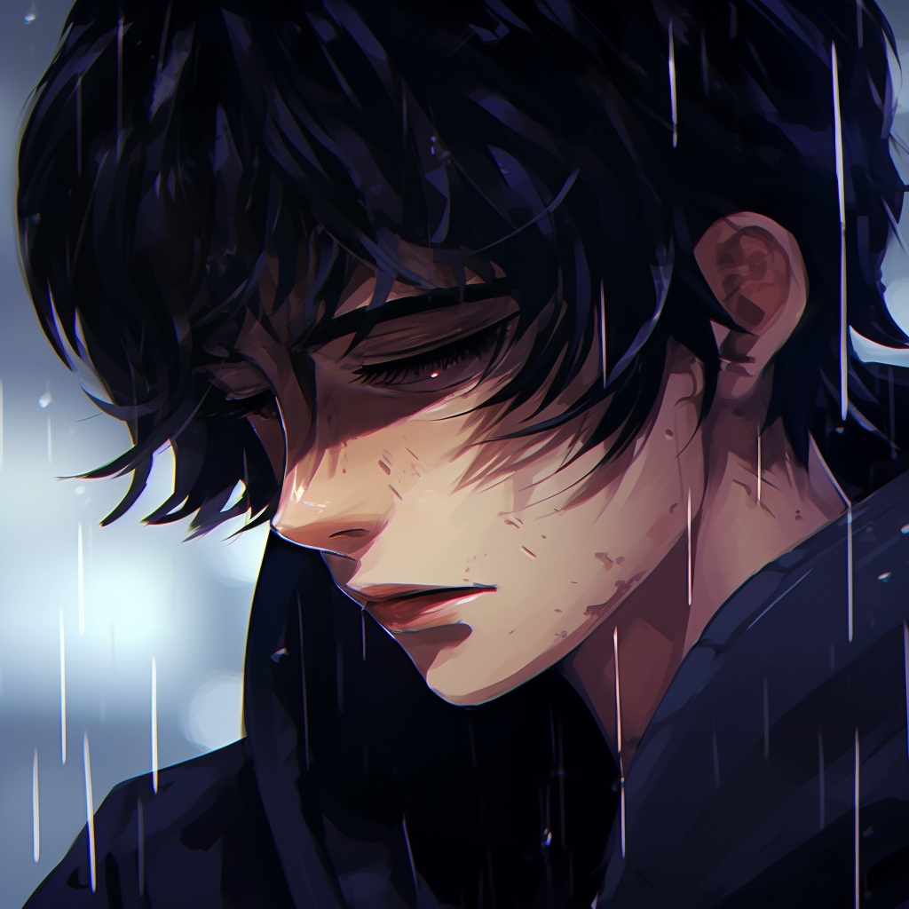 Profile of a male anime character looking distressed, with a bleak backdrop, and detailed character lines. sad anime pfp male