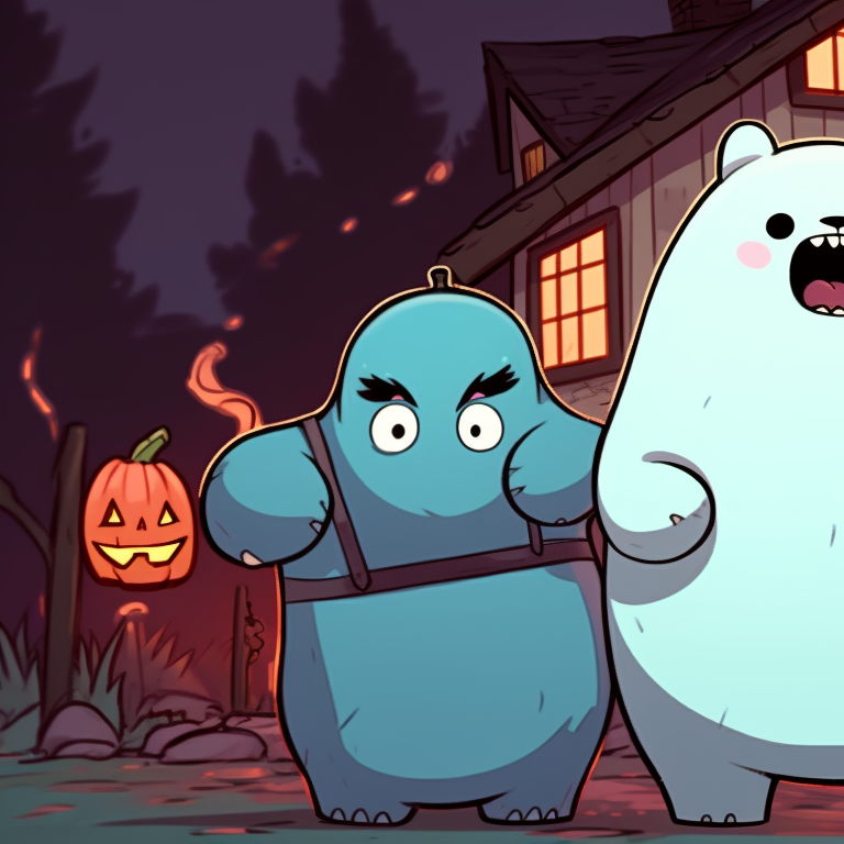 Ice Bear, Grizzly, and Panda posing in front of a haunted house, detailed illustration and vibrant colors. creative we bare bears matching halloween pfps pfp for discord.