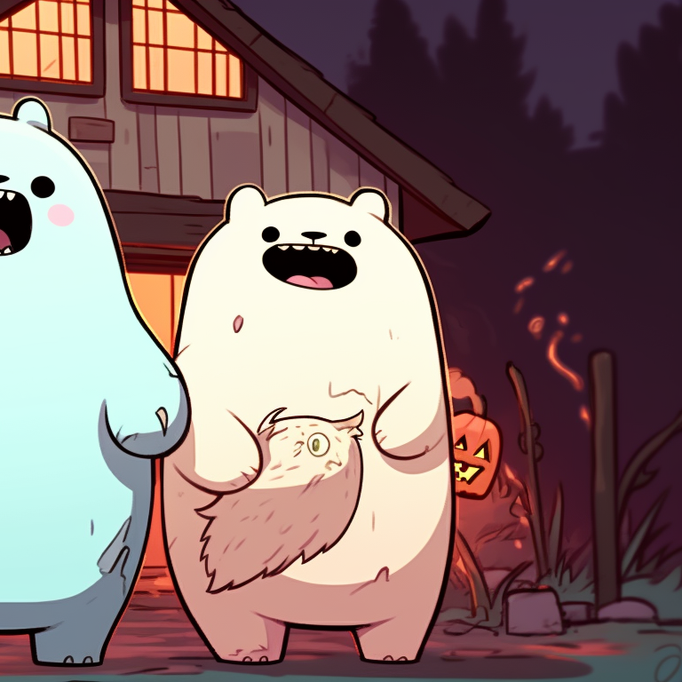 Ice Bear, Grizzly, and Panda posing in front of a haunted house, detailed illustration and vibrant colors. creative we bare bears matching halloween pfps pfp for discord.