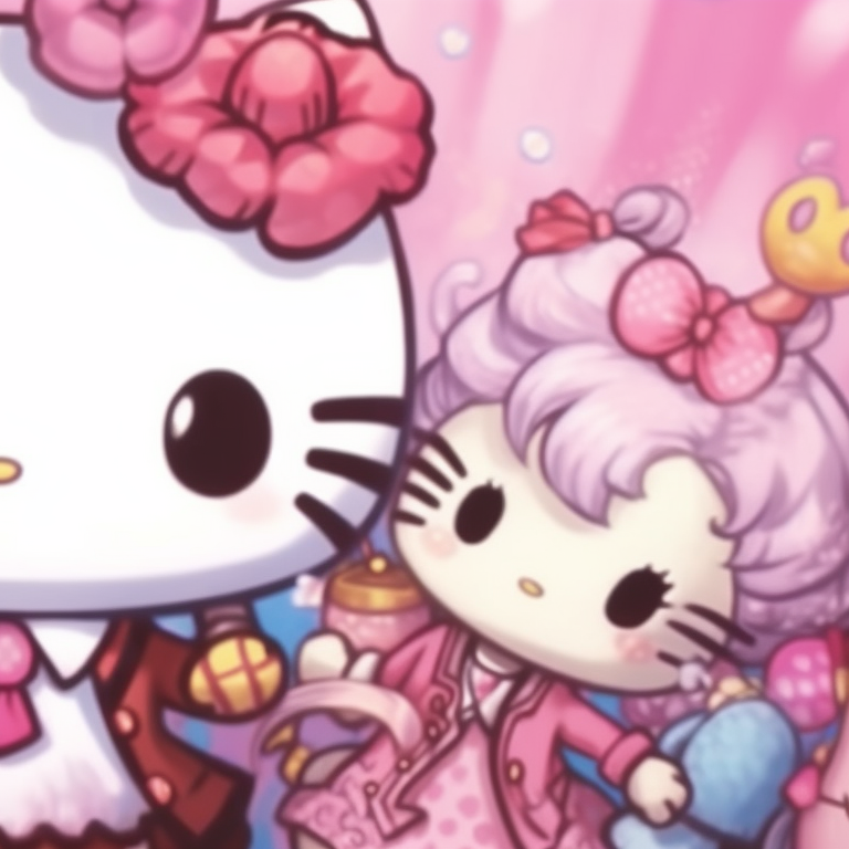Two Hello Kitty characters in sparkly magical outfits, glittery background. hello kitty matching pfp designs pfp for discord.
