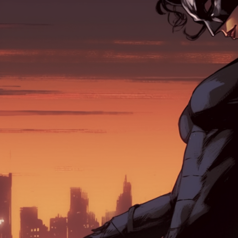 Batman and Catwoman looking at skyline, high details in costume, warm hues in sunset. batman and catwoman iconography pfp for discord.