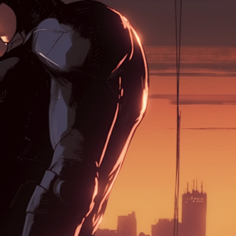 Batman and Catwoman looking at skyline, high details in costume, warm hues in sunset. batman and catwoman iconography pfp for discord.
