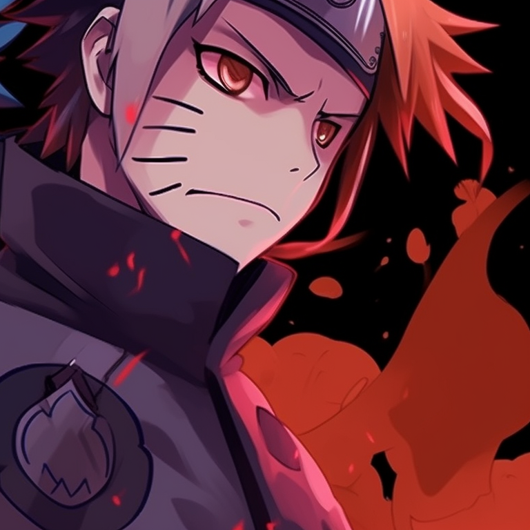 Naruto and Sasuke, Halloween backdrop and vivid color palette, both displaying their unique Sharingan and Rinnegan. sharingan and rinnegan naruto, sasuke halloween pfp pfp for discord.