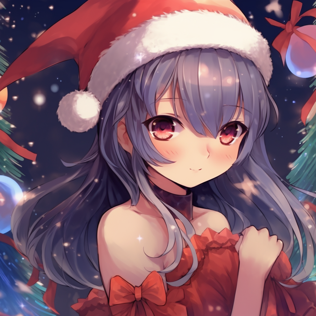Anime girl in traditional Christmas colors and costume, displaying an array of vibrant hues in the background. anime girl christmas pfp