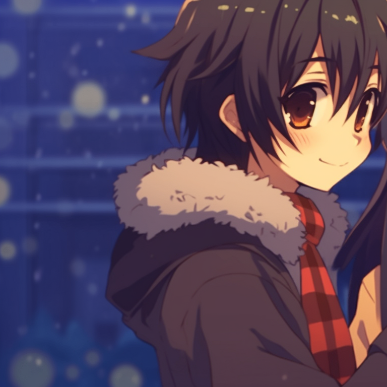 Close-up of two characters, rosy cheeks and bright eyes, excitedly opening a Christmas present. matching cute christmas pfp gif - couples edition pfp for discord.