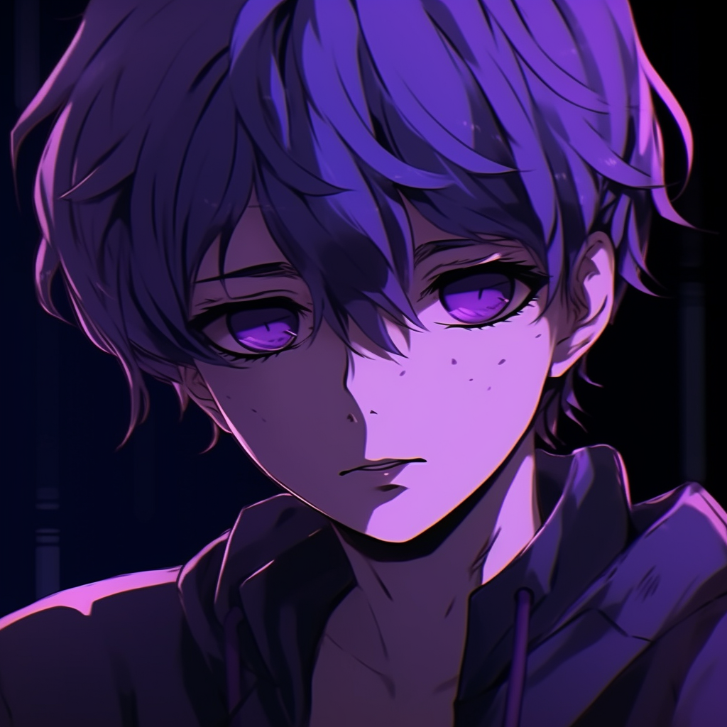 A close-up shot of a purple-haired anime boy, focusing on his reflective eyes and the light shading on his face. stunning purple anime pfp boys